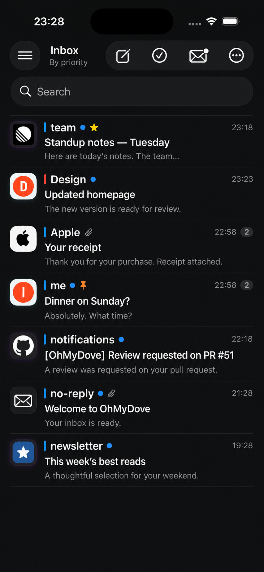 OhMyDove inbox showing fictional English messages